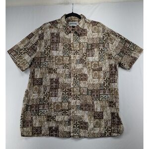 Haband Mens‎ Short Sleeve Button Down Shirt Brown Geometric Tribal Tile Print L